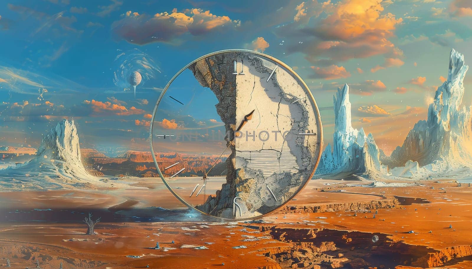 Surreal Broken Clock in Icy Landscape, Concept of Time and Nature by AI generated image.