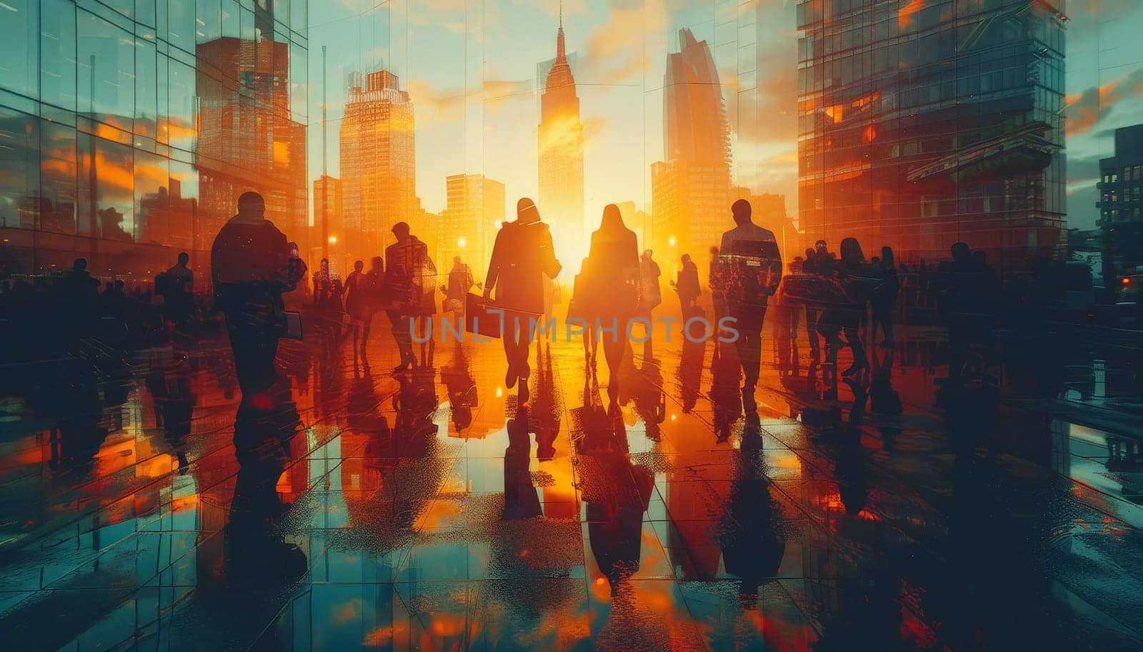 A group of people walking in a city at sunset by AI generated image by wichayada