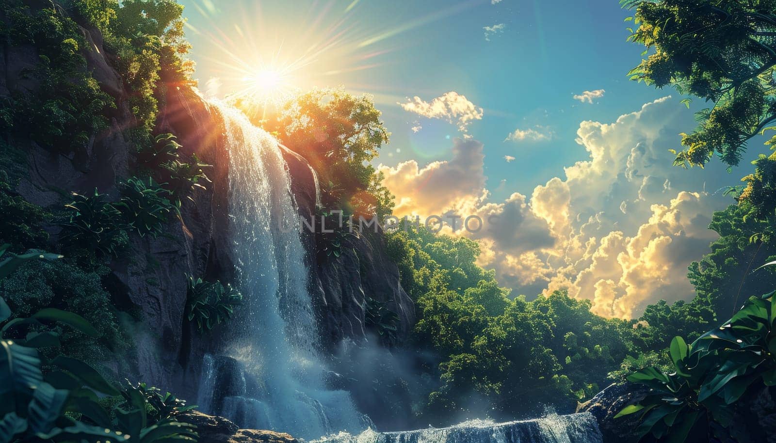 A beautiful waterfall is surrounded by trees by AI generated image by wichayada