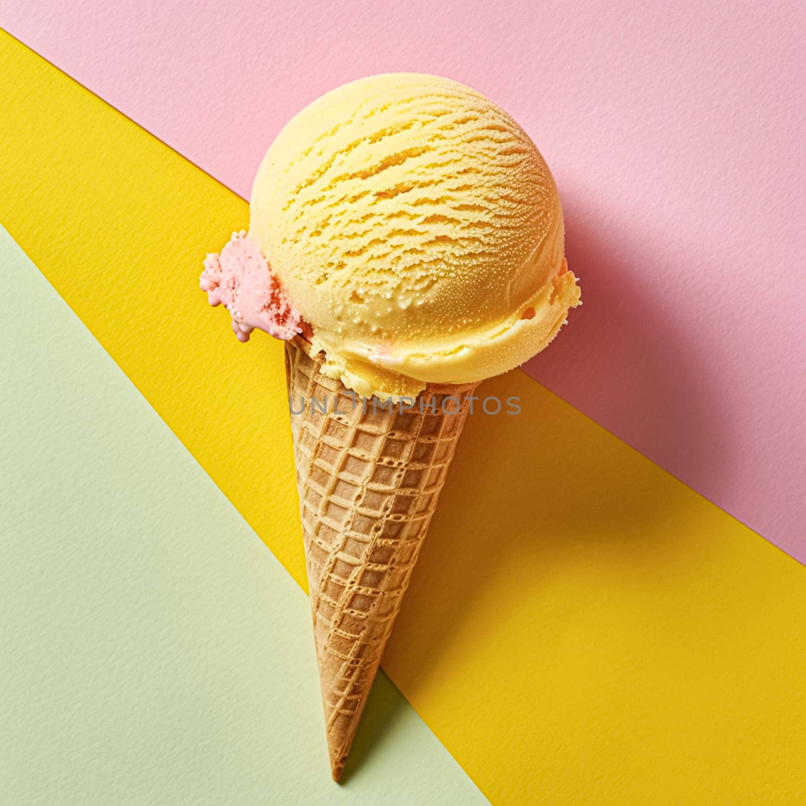 Scoops of ice cream in a waffle cone on a colorful background