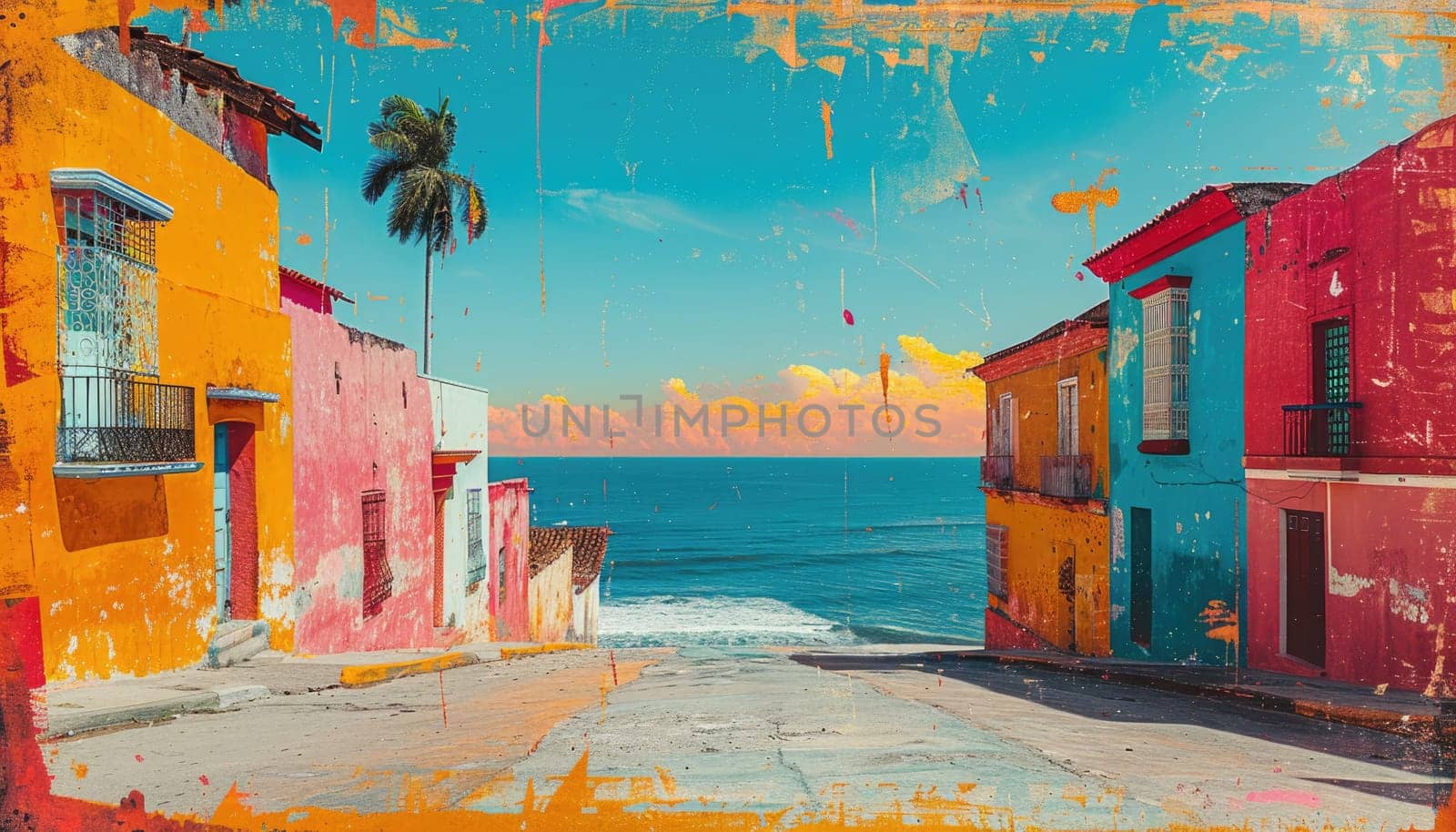 A colorful street with a blue ocean in the background by AI generated image.