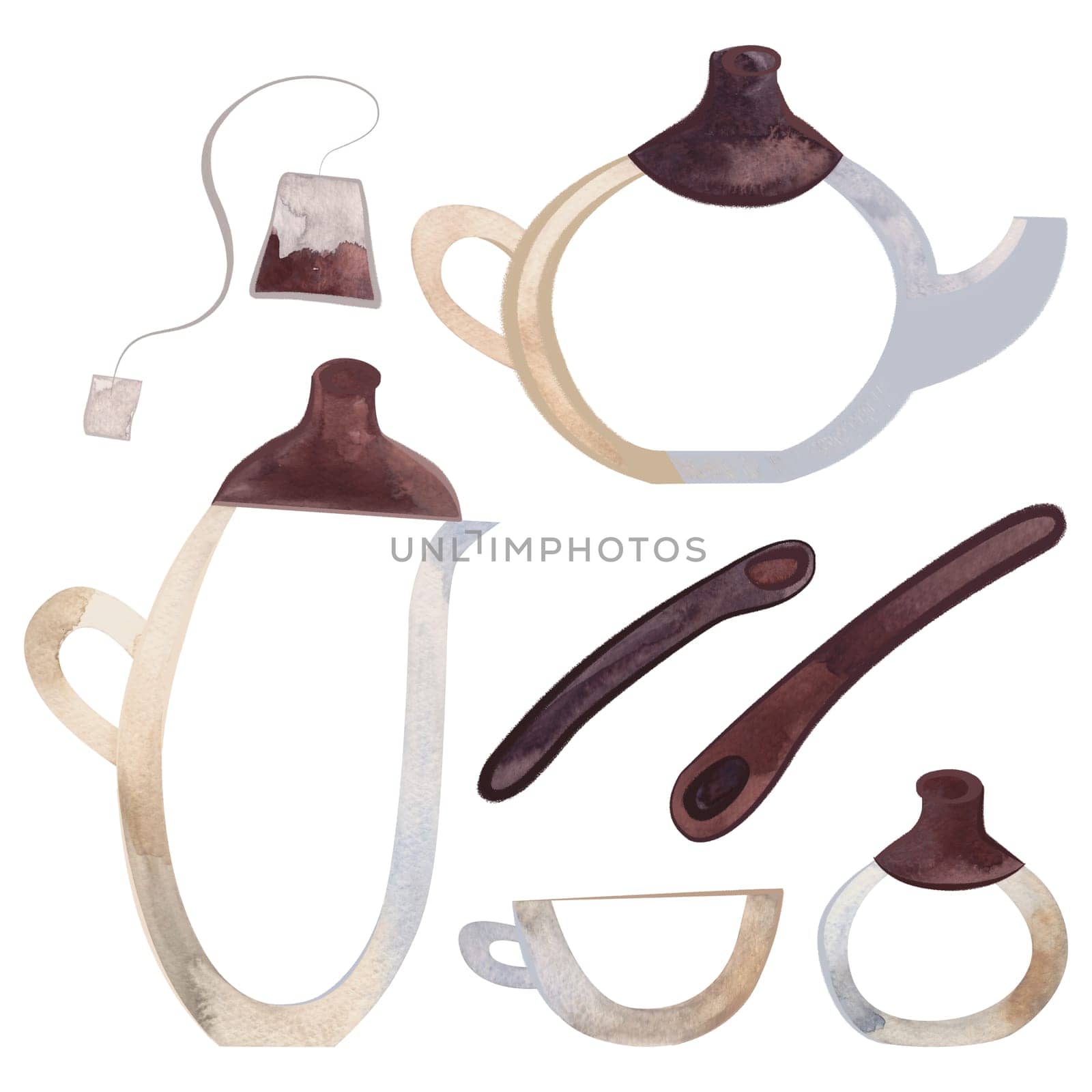 Set of empty transparent glassware with dark brown wooden decor in sketch style: teapot, cup, lemonade jug, sugar bowl, spoons. Clipart. Isolated watercolor illustration on a white background for the design of menus, tea and coffee shops.