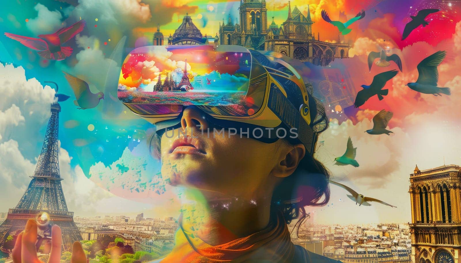 Surreal digital collage of VR experience with landmarks, Concept of virtual reality and imagination by AI generated image.