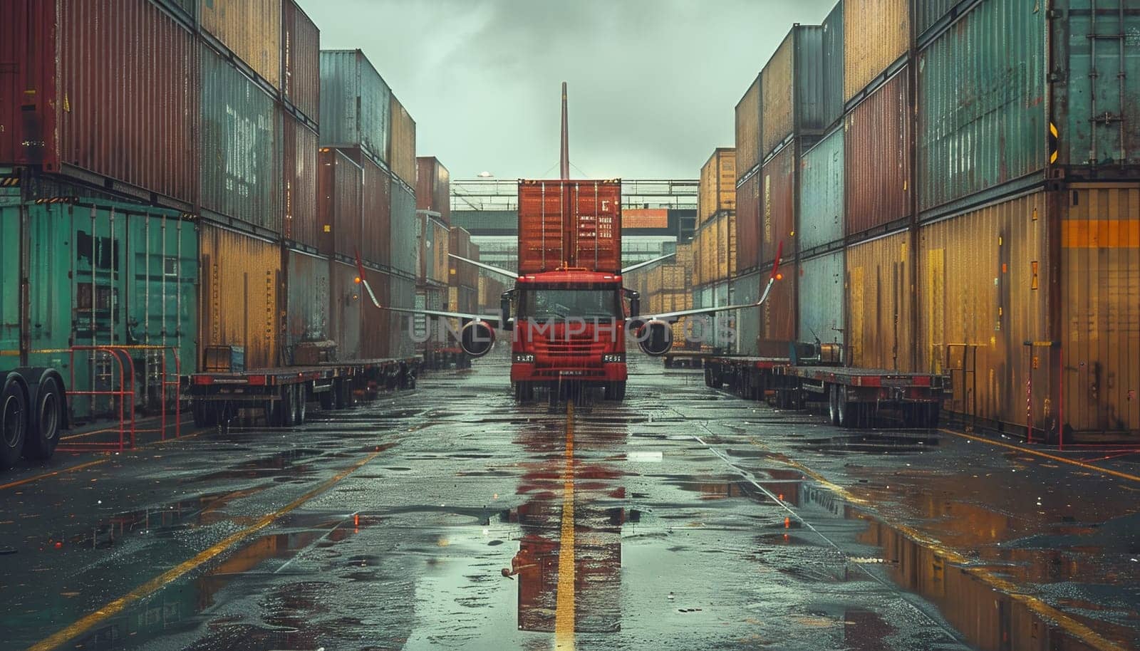 A red truck is parked in front of a large container ship by AI generated image.