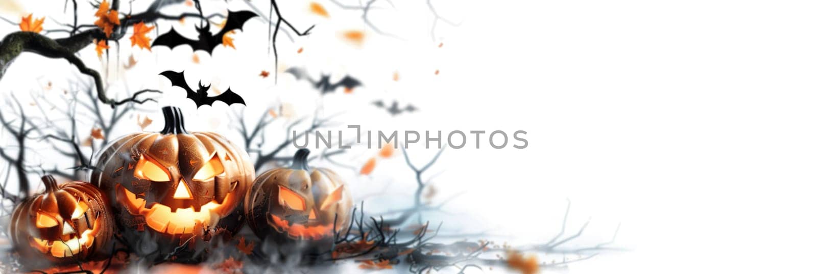 Eerie Halloween banner with glowing jack-o'-lanterns, flying bats, and scattered leaves against a mystical white backdrop, offering ample copy space for your spooky message. Generative AI