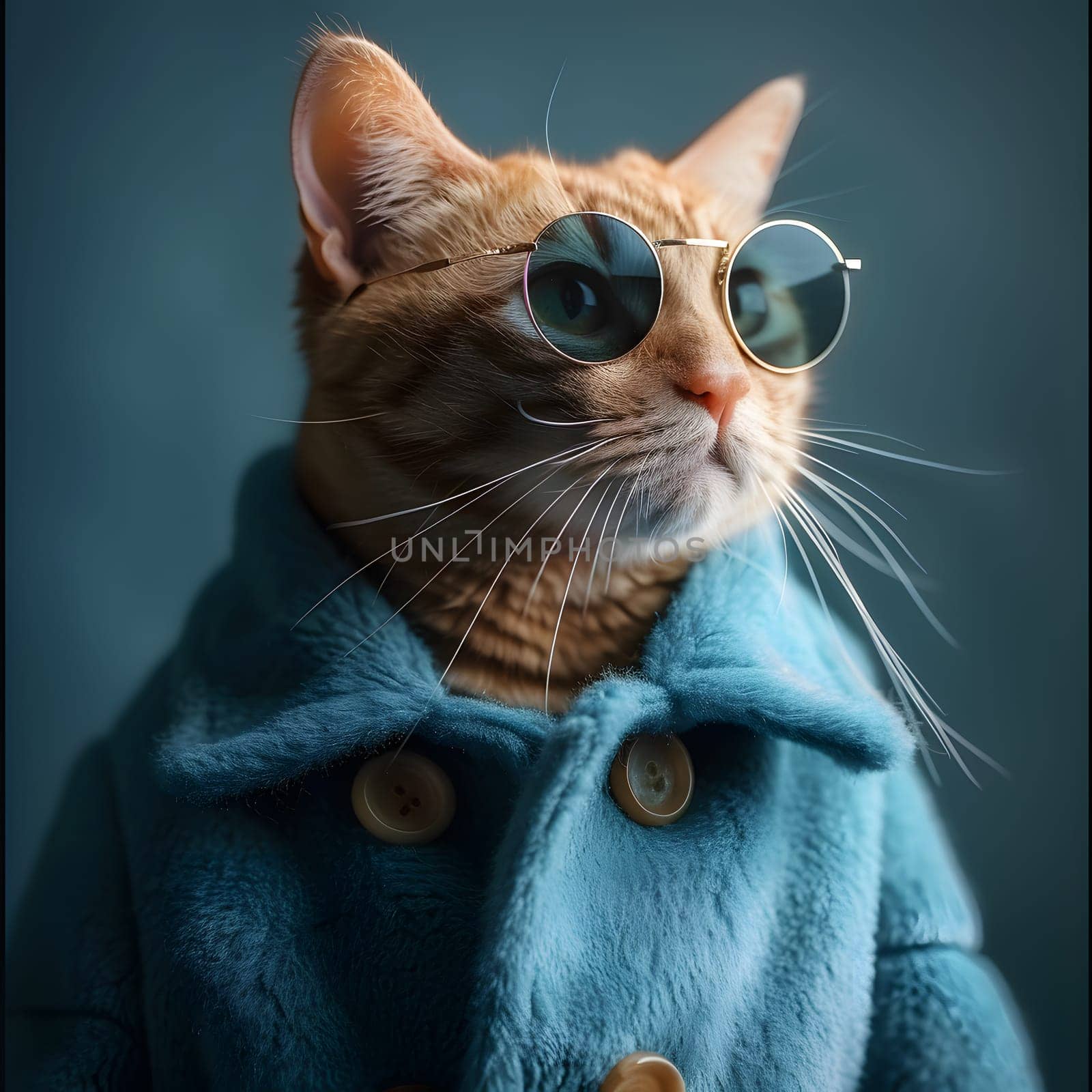 A domestic shorthaired cat with whiskers and fur, wearing sunglasses and an electric blue coat. A small to mediumsized terrestrial Carnivore Felidae with a snout