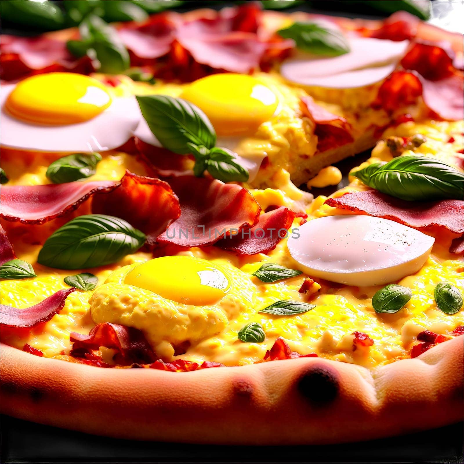 Breakfast pizza with a crispy crust topped with scrambled eggs bacon sausage and melted mozzarella. close-up food, isolated on transparent background