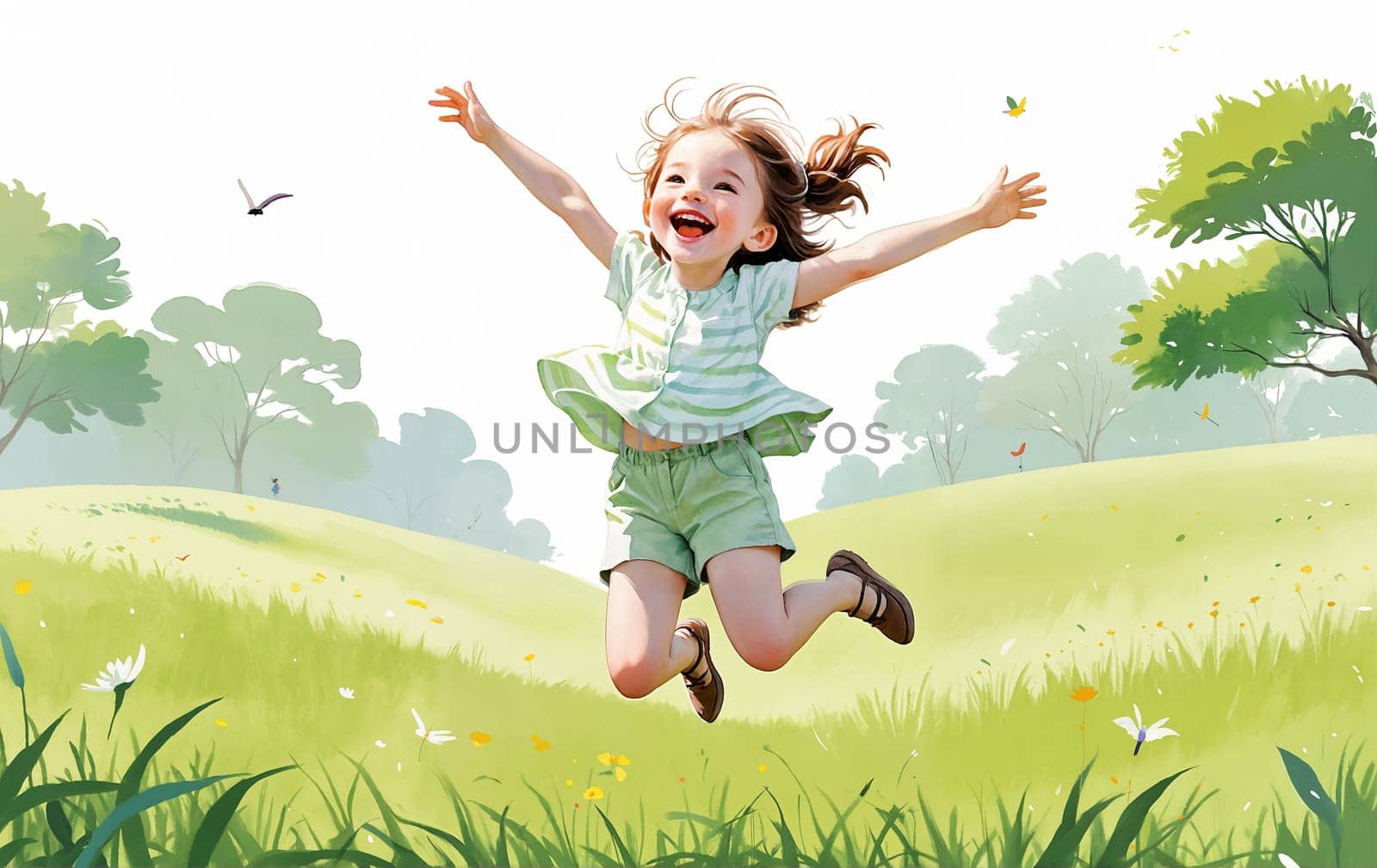A young girl with brown hair jumps in the air with a joyous expression, arms outstretched, against a background of green grass, trees, and a white sky - Generative AI