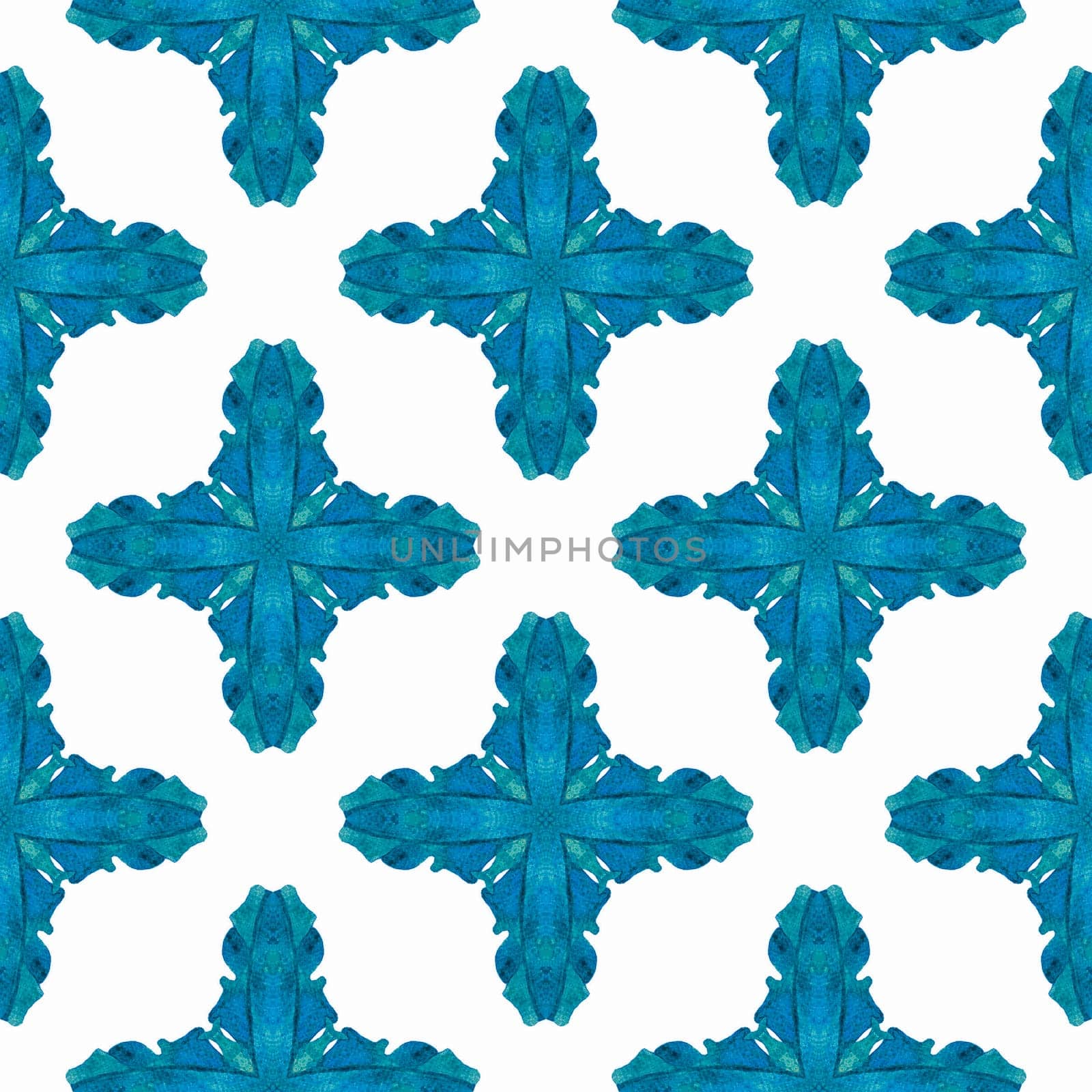 Tiled watercolor background. Blue cute boho chic summer design. Hand painted tiled watercolor border. Textile ready unique print, swimwear fabric, wallpaper, wrapping.