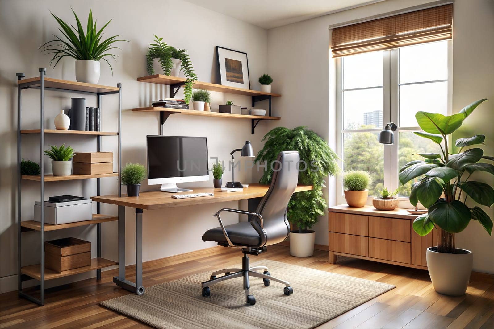 Interior of home office with workplace, shelves and green houseplants. Ai generated by alenamoore