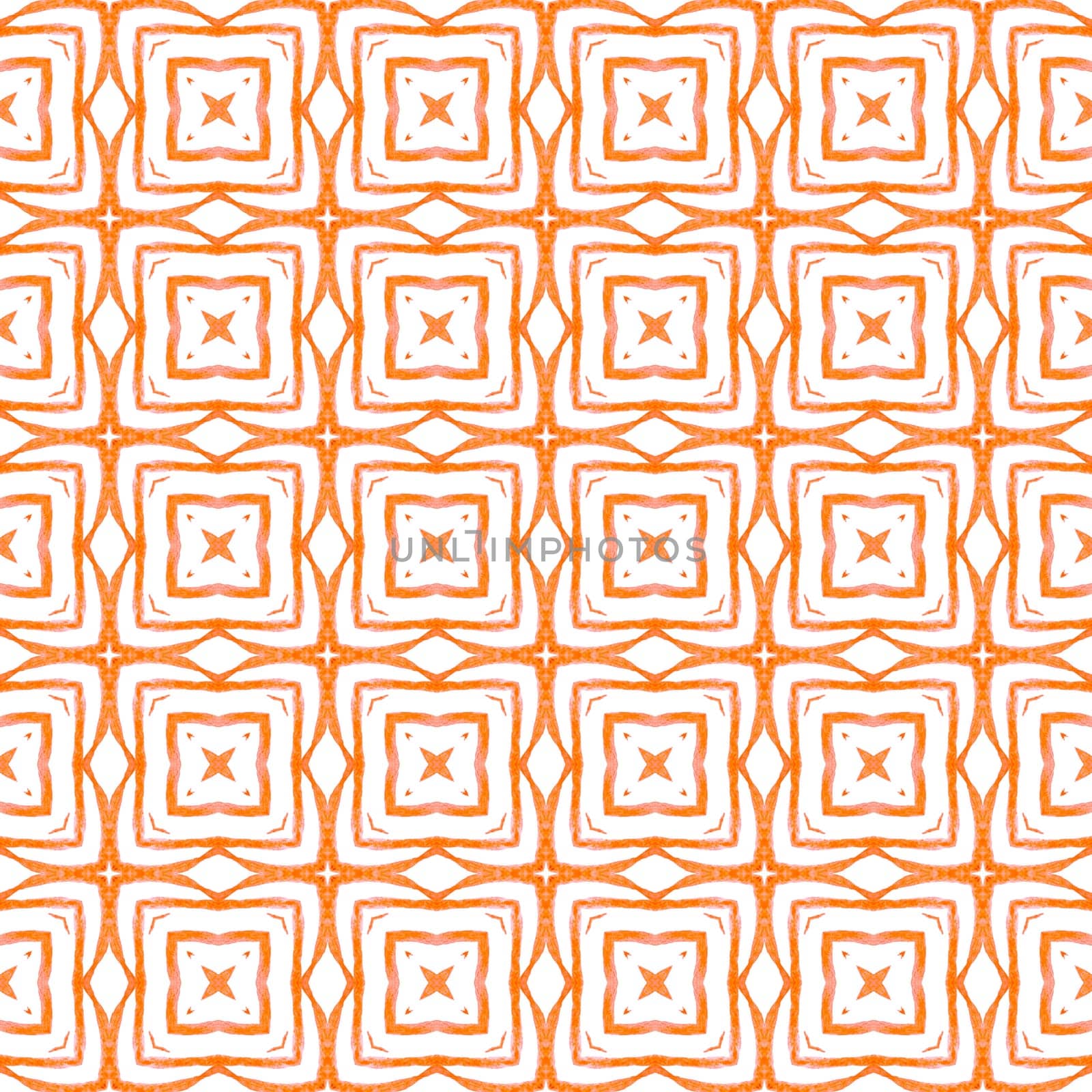 Watercolor ikat repeating tile border. Orange terrific boho chic summer design. Textile ready impressive print, swimwear fabric, wallpaper, wrapping. Ikat repeating swimwear design.