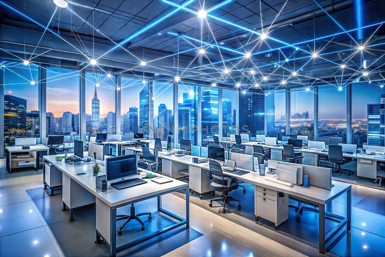 Modern high-tech office workspaces. Night megapolis city view. Ai generated by alenamoore