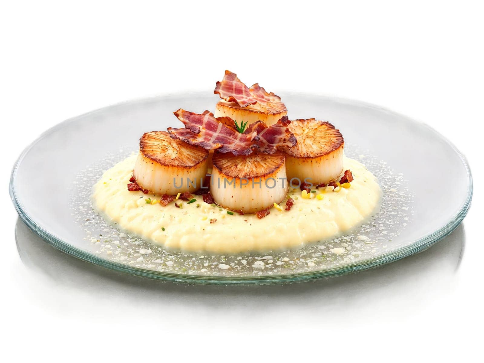 Scallops pan seared with a cauliflower puree and bacon bits served on a transparent glass. Food isolated on transparent background.