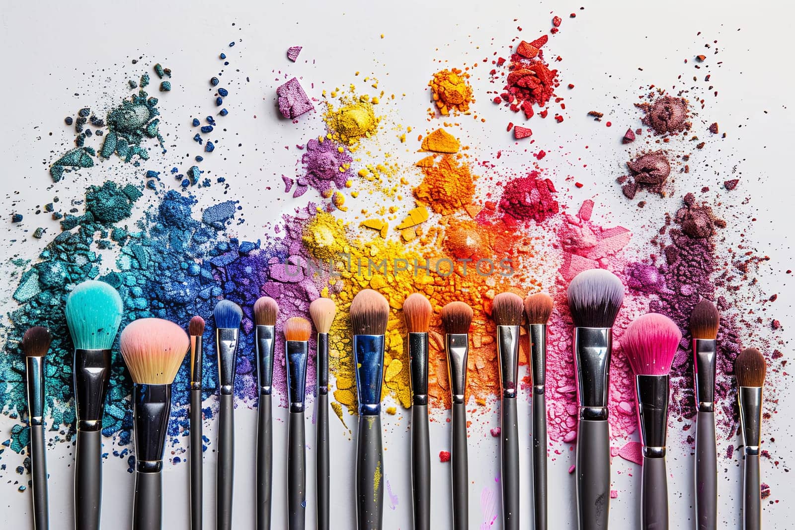 A close-up shot of various makeup brushes with vibrant colors and different sizes arranged on a white background.