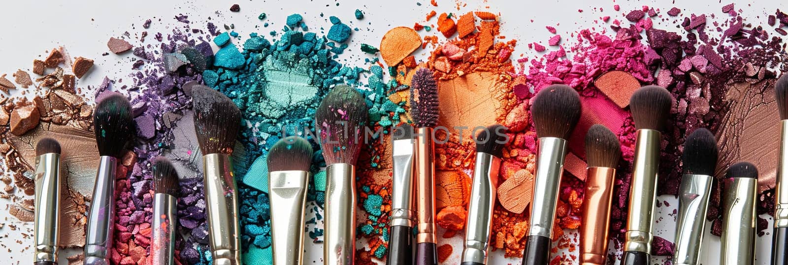 A close-up image of various makeup brushes covered with vibrant eyeshadow and blush, artistically arranged on a white background.