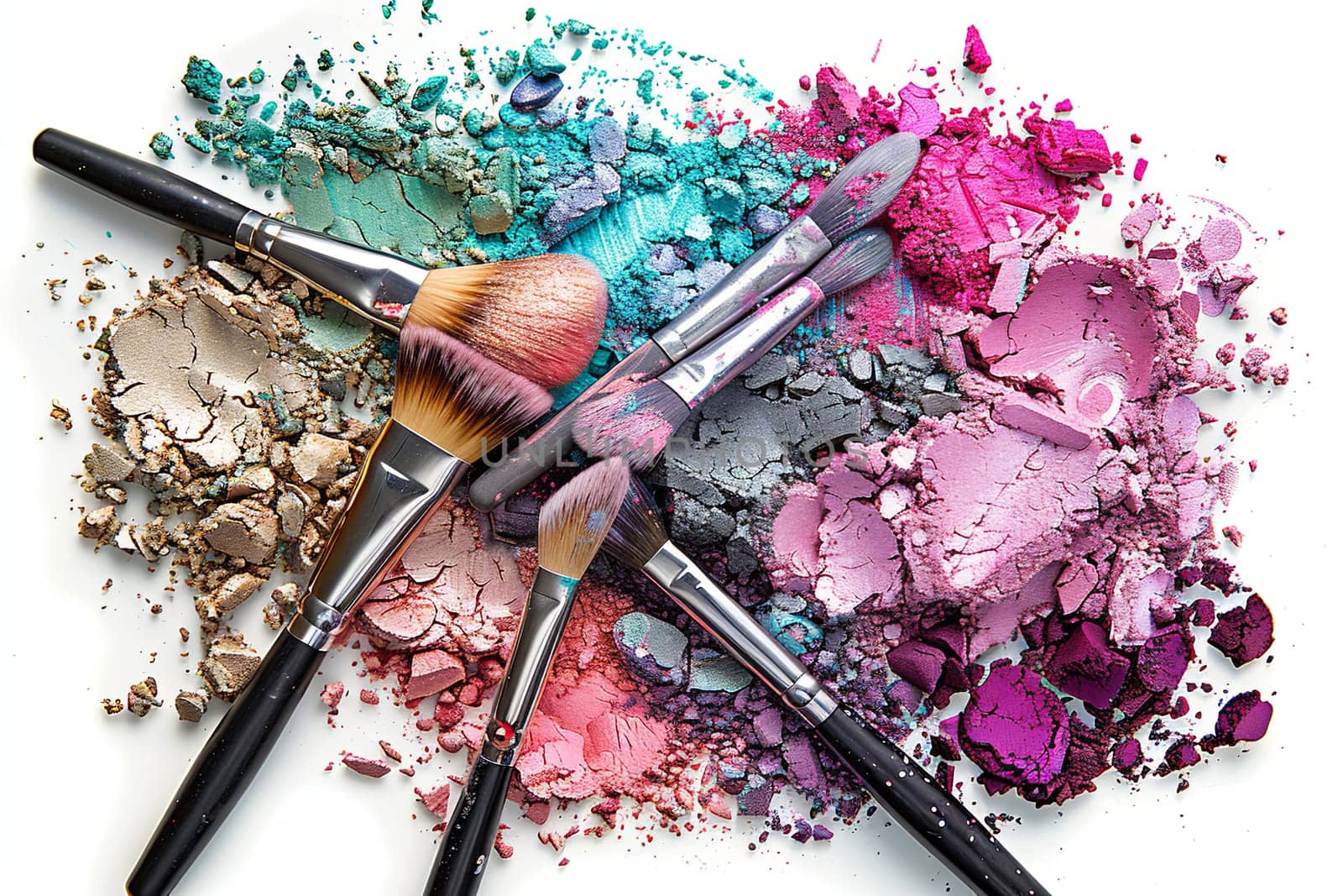 A close-up shot of makeup brushes covered in various shades of colorful crushed eyeshadow and blush on a white background. Generative AI by AnatoliiFoto