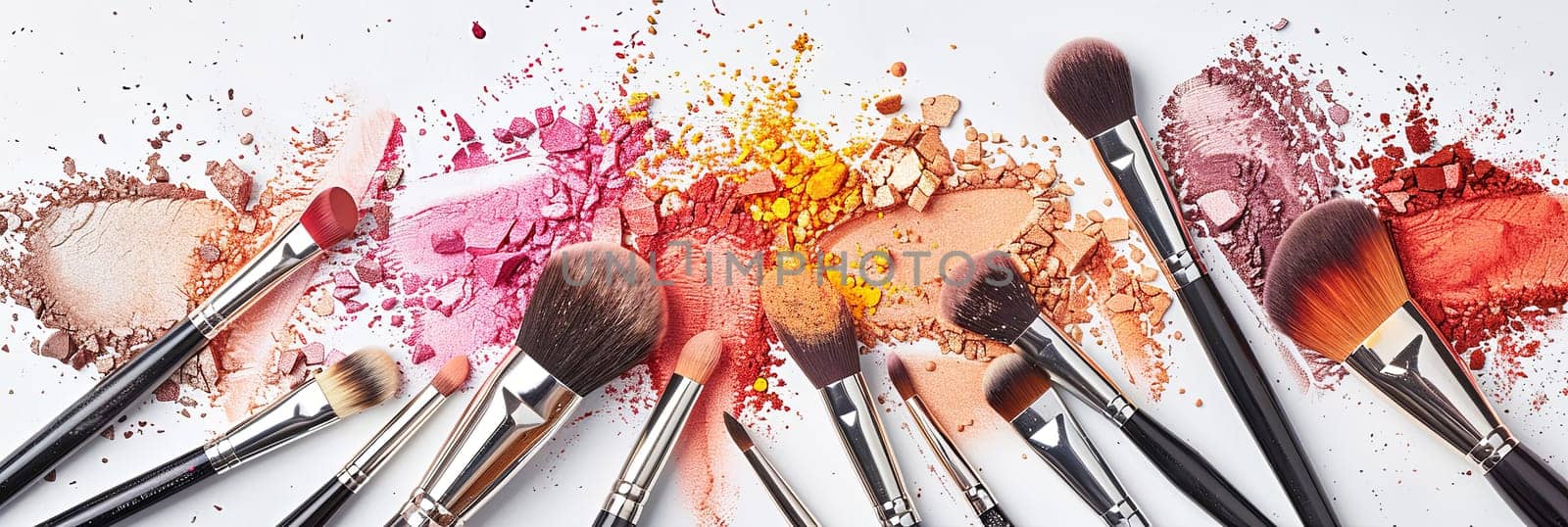 A close-up shot of makeup brushes covered in colorful eyeshadow and blush on a white background.