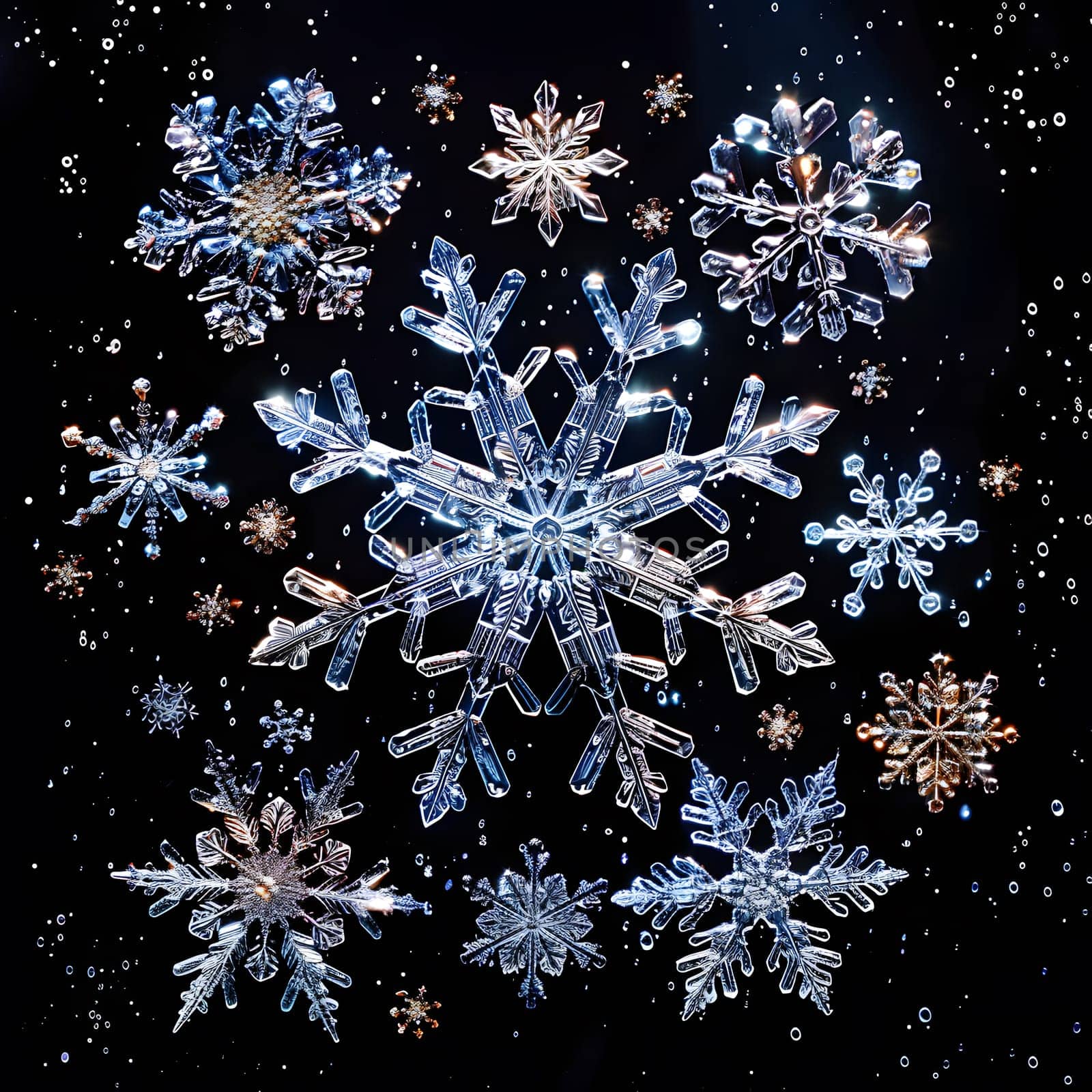 A mesmerizing pattern of electric blue snowflakes on a freezing black background, creating a symmetrical art piece reminiscent of frost on grass. Perfect for a fashion accessory or event decor