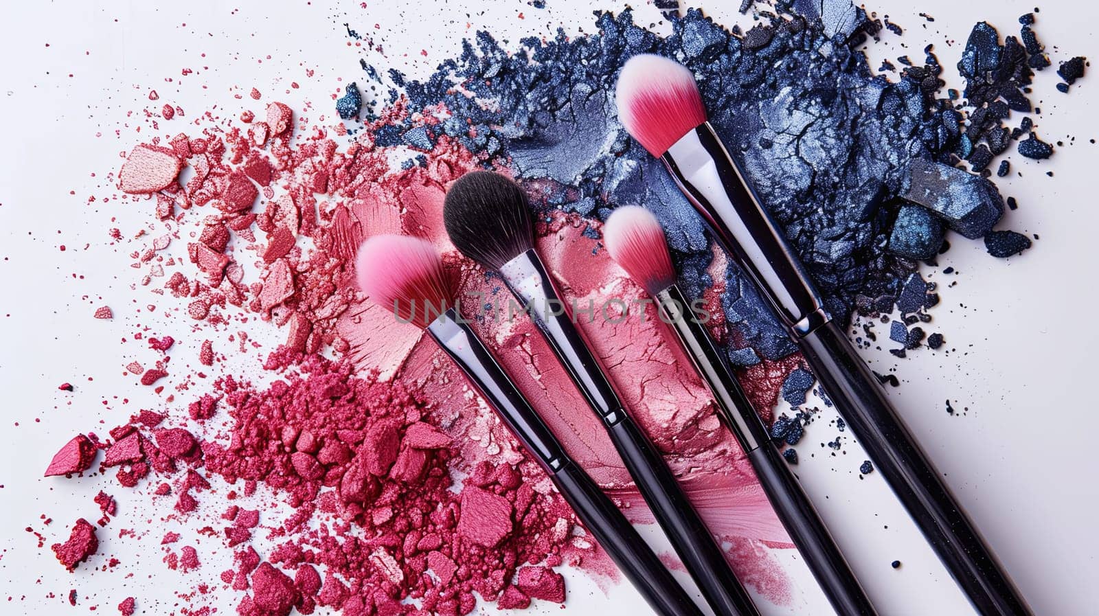 A close-up of makeup brushes covered in colorful eyeshadow and blush on a white background.