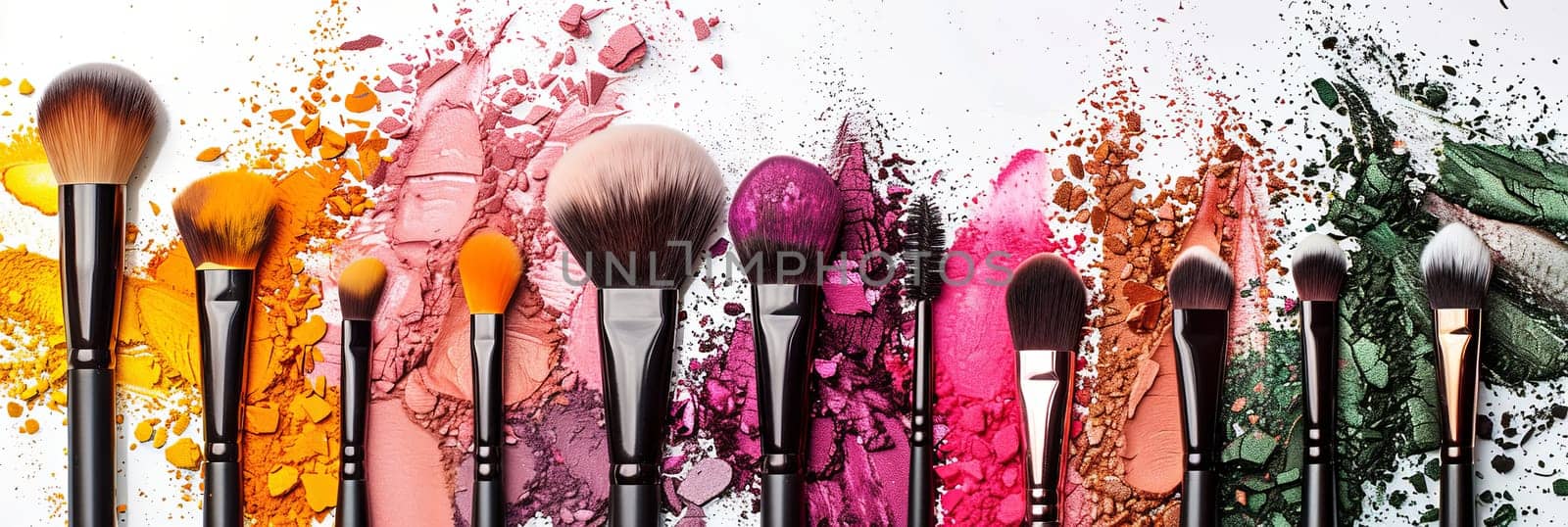 A vibrant collection of makeup brushes covered in various shades of eyeshadow and blush, arranged artistically on a white background. Generative AI by AnatoliiFoto