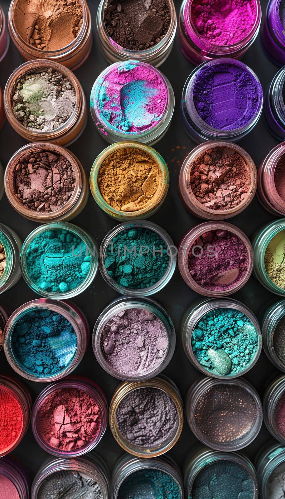 A close-up view of colorful makeup pigments and powders in small jars, arranged in a grid.