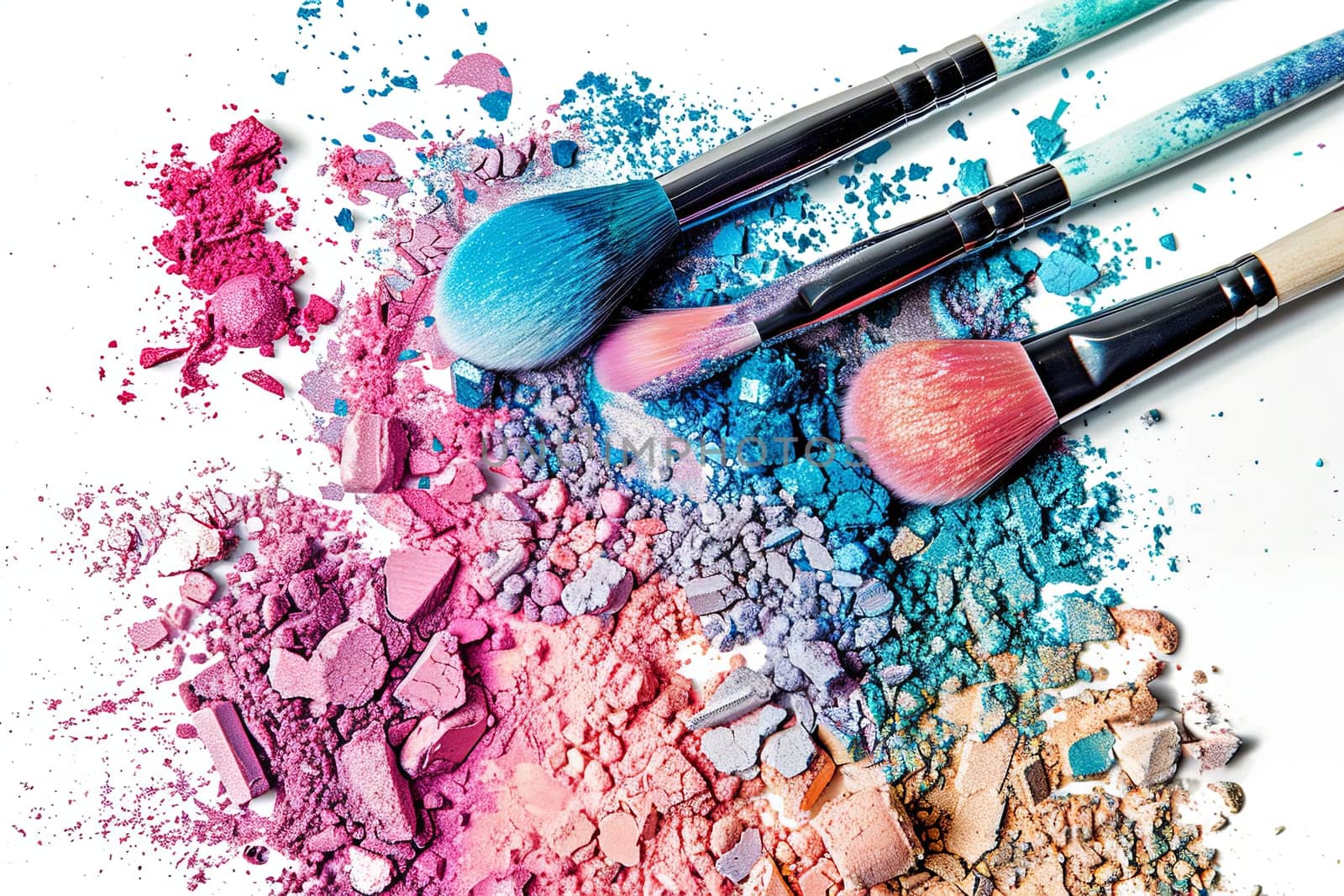 Close-up of makeup brushes covered in vibrant eyeshadow and blush, arranged artistically on a white background. Generative AI by AnatoliiFoto