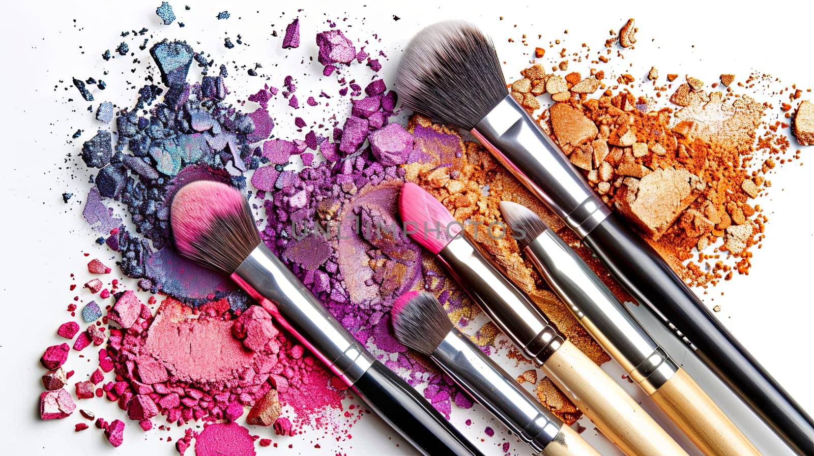 An artistic arrangement of various makeup brushes covered in vibrant eyeshadow and blush on a white background.