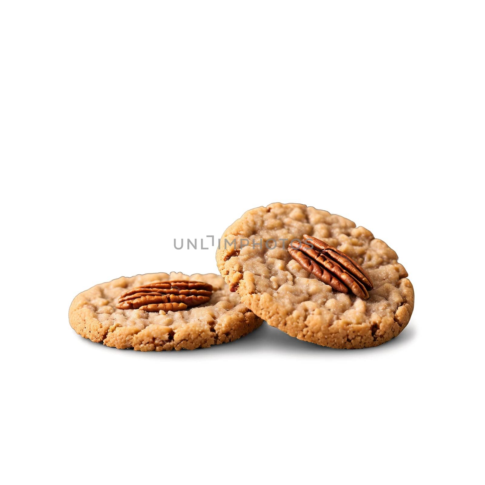 Pecan sandy cookie with crumbly texture visible pecan pieces sandy color round shape Culinary. close-up cake, isolated on transparent background