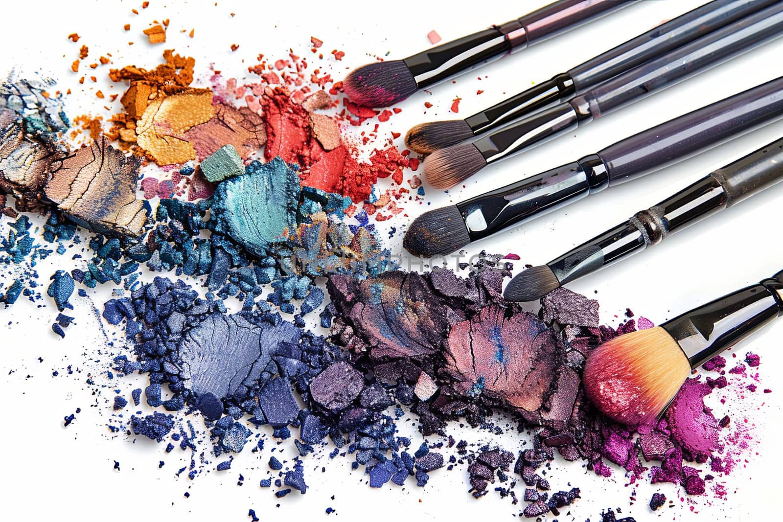 A group of makeup brushes covered in colorful eyeshadow and blush arranged on a white background.