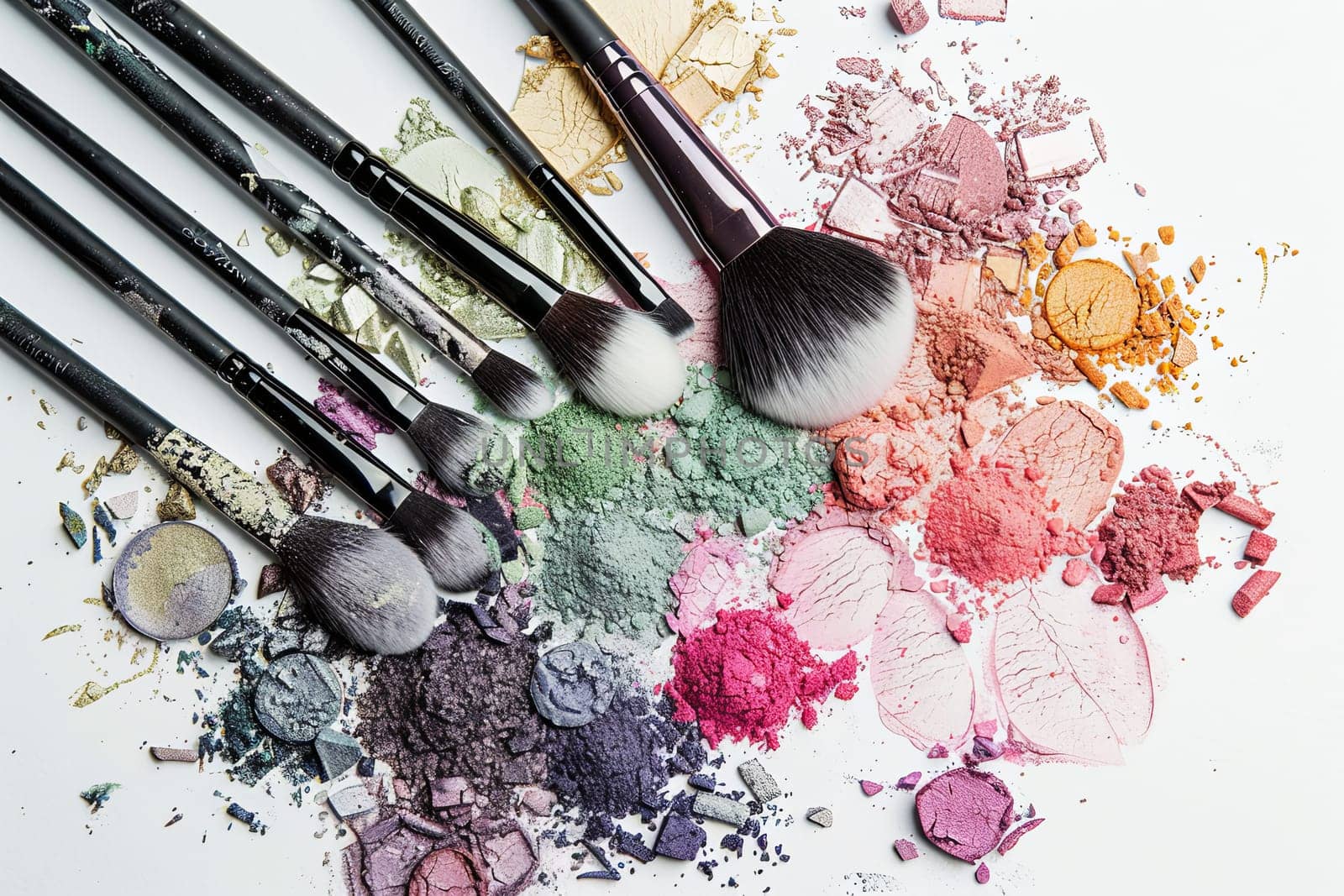 A collection of makeup brushes covered in colorful eyeshadow and blush on a white background. Generative AI by AnatoliiFoto