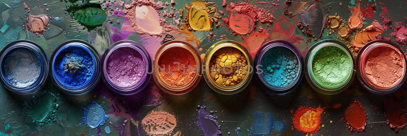 Close-up of colorful makeup pigments and powders in small jars.