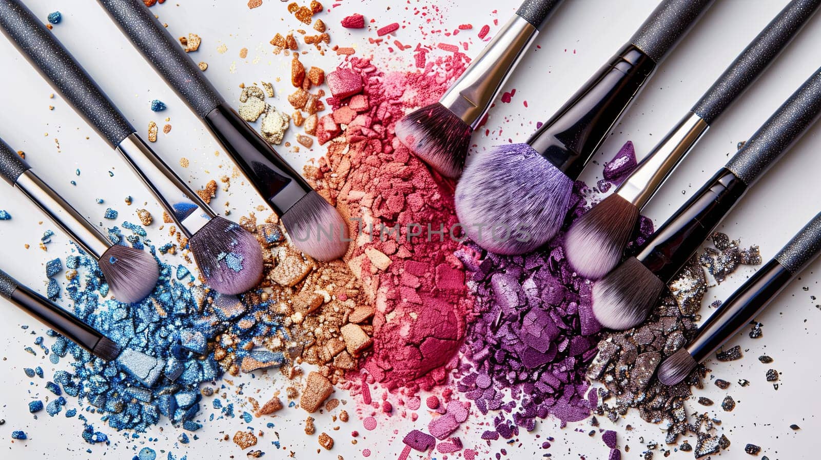 Multiple makeup brushes with vibrant colors of eyeshadow and blush on a white background. Generative AI by AnatoliiFoto