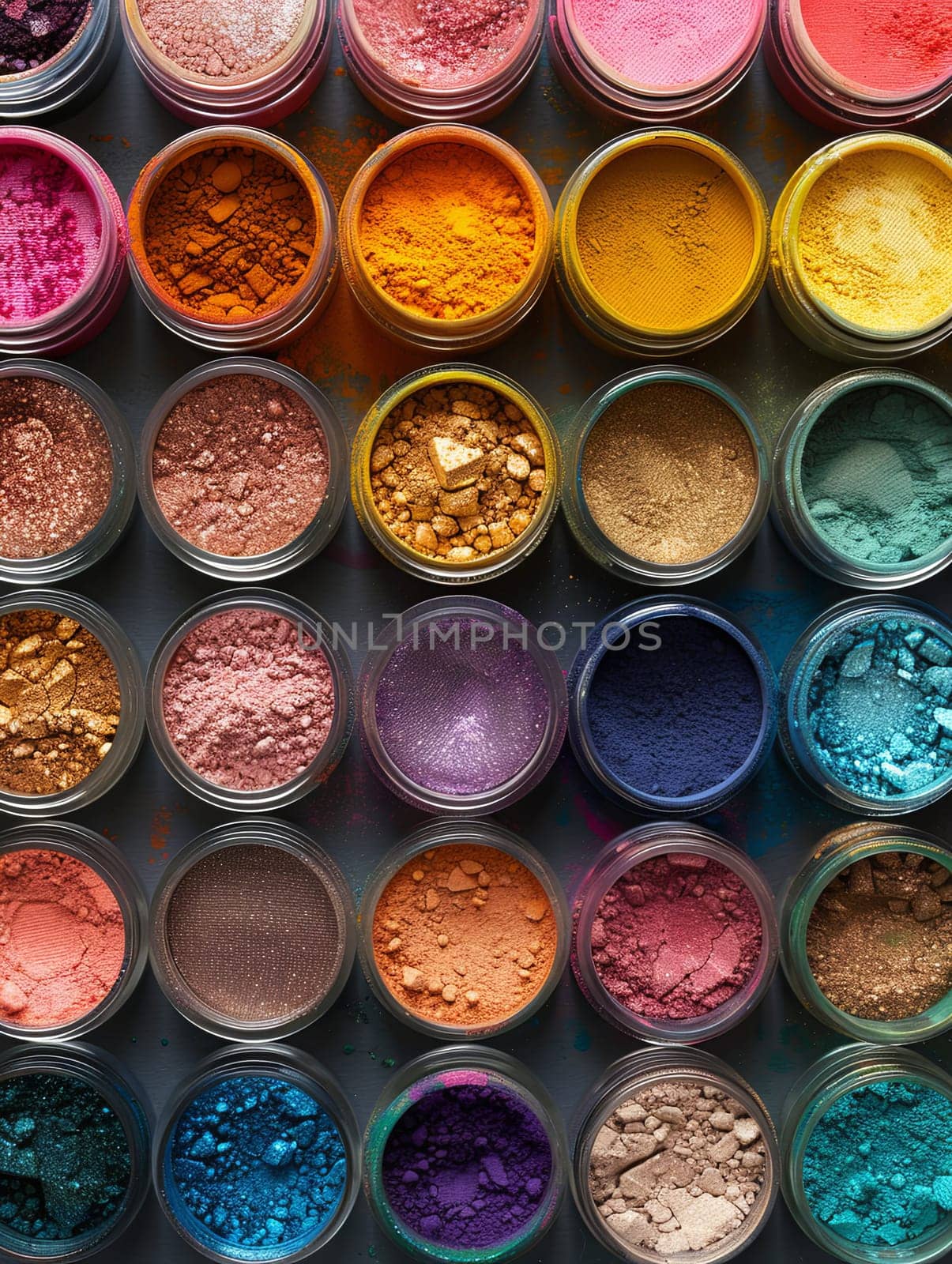 A close-up view of various colorful makeup pigments and powders arranged in small jars.