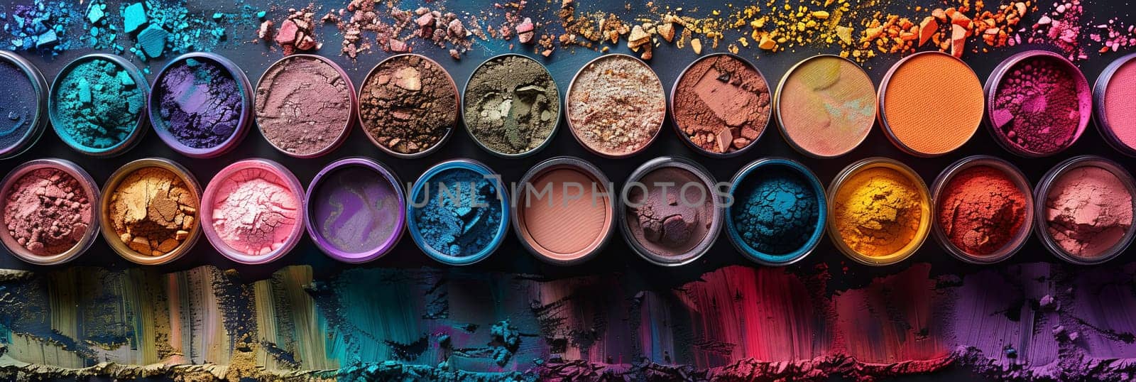 Assorted colorful makeup pigments and powders in small jars, arranged artistically.