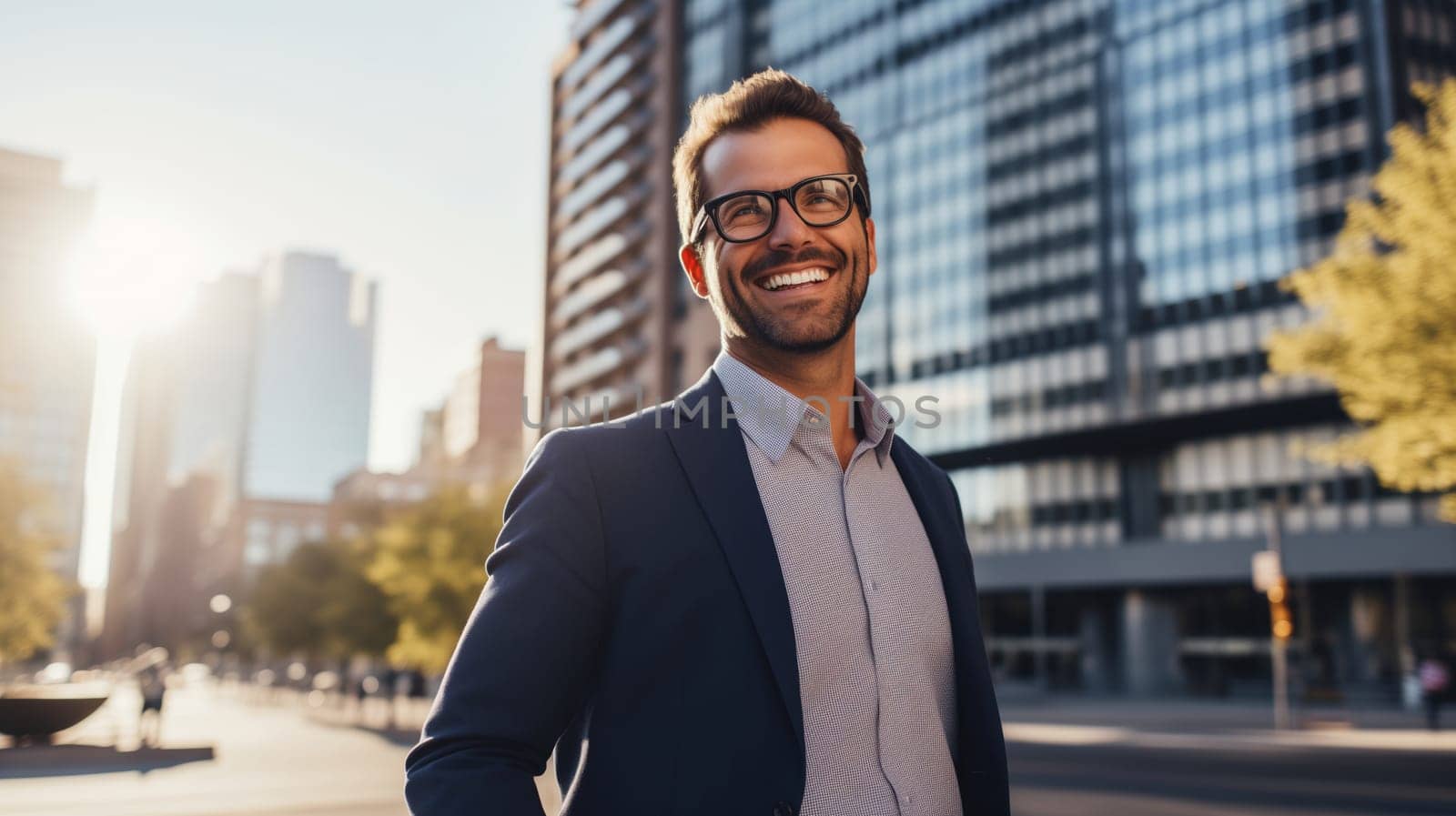 Confident happy smiling businessman standing in the city, man entrepreneur in business suit with glasses and looking away