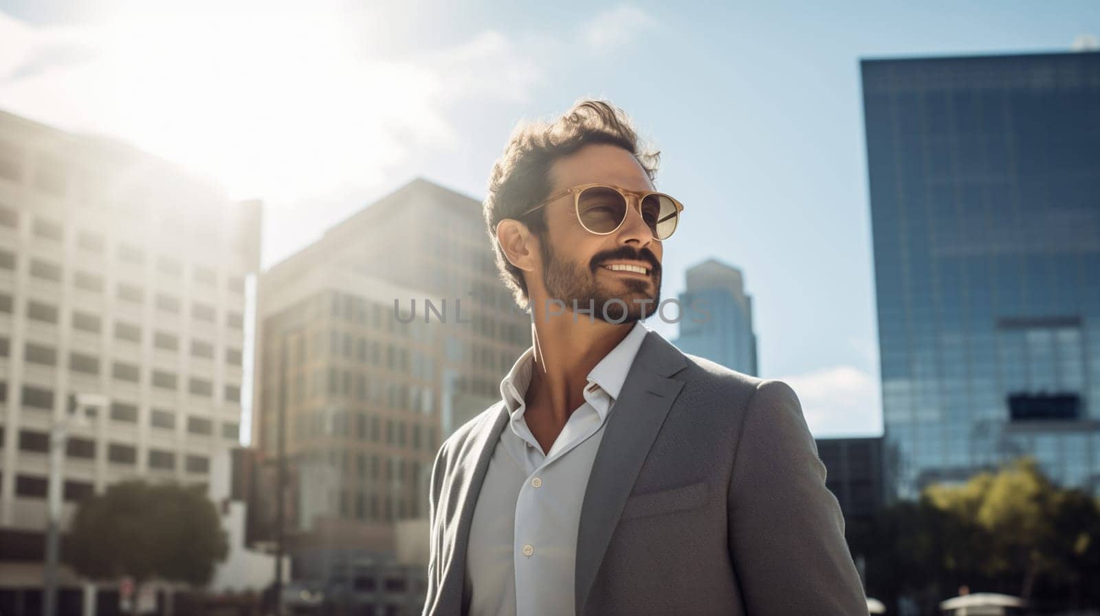 Confident happy smiling businessman standing in the city, man entrepreneur in business suit with glasses and looking away