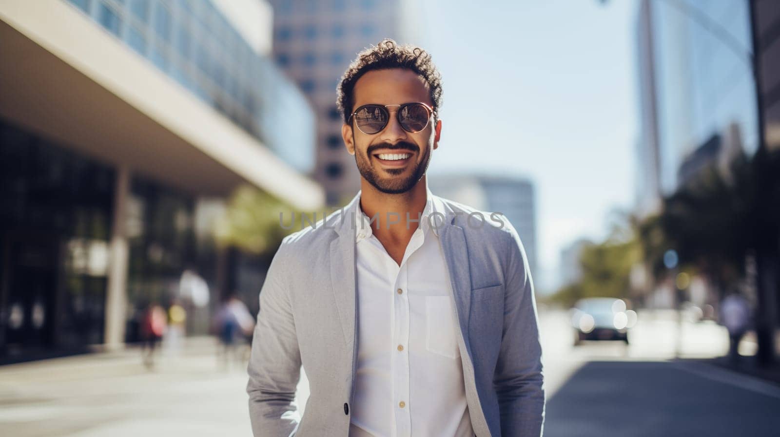 Confident happy smiling businessman standing in the city, man entrepreneur in business suit with glasses and looking at camera