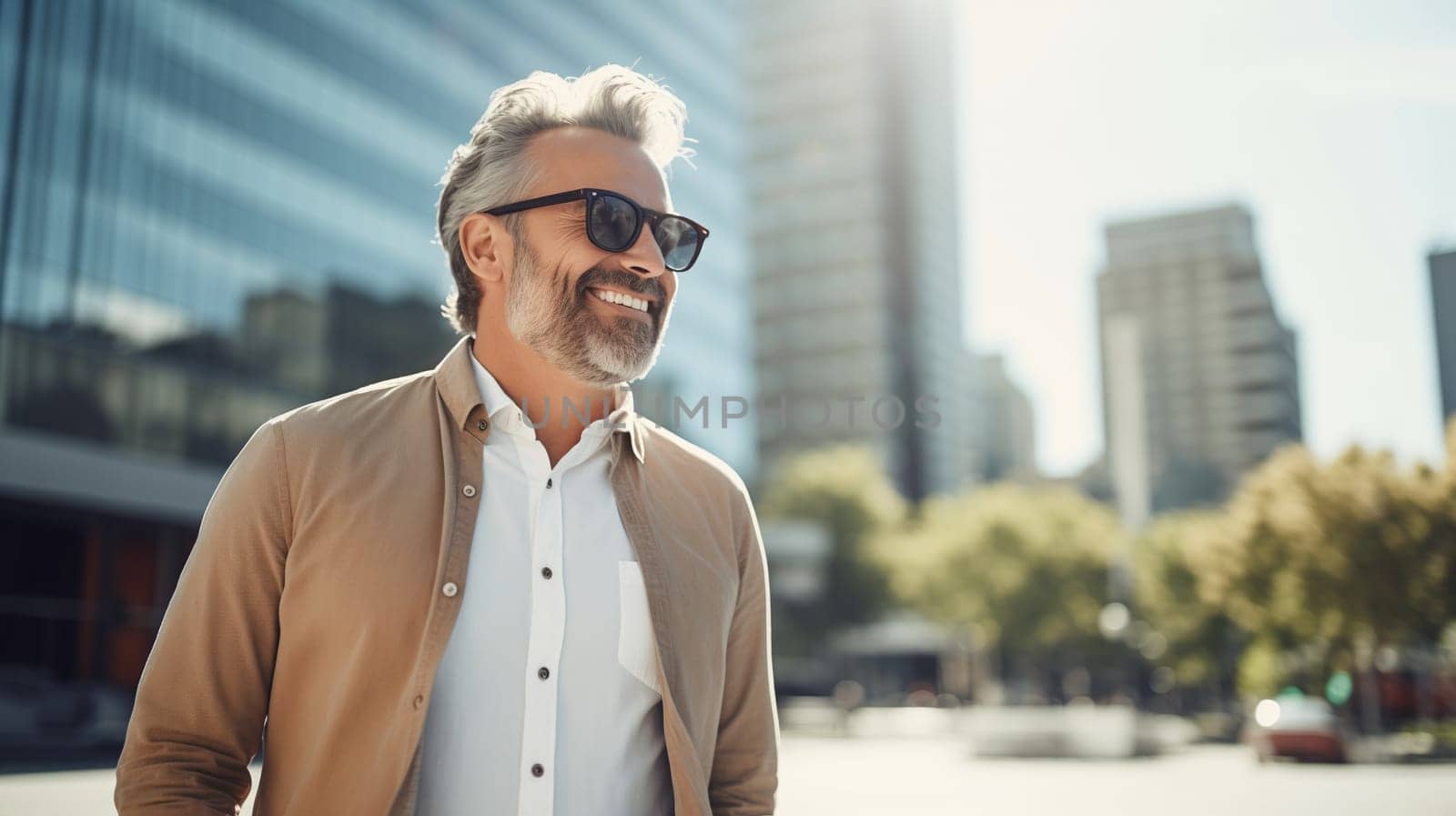 Confident happy smiling businessman standing in the city, man entrepreneur in business suit with glasses and looking away