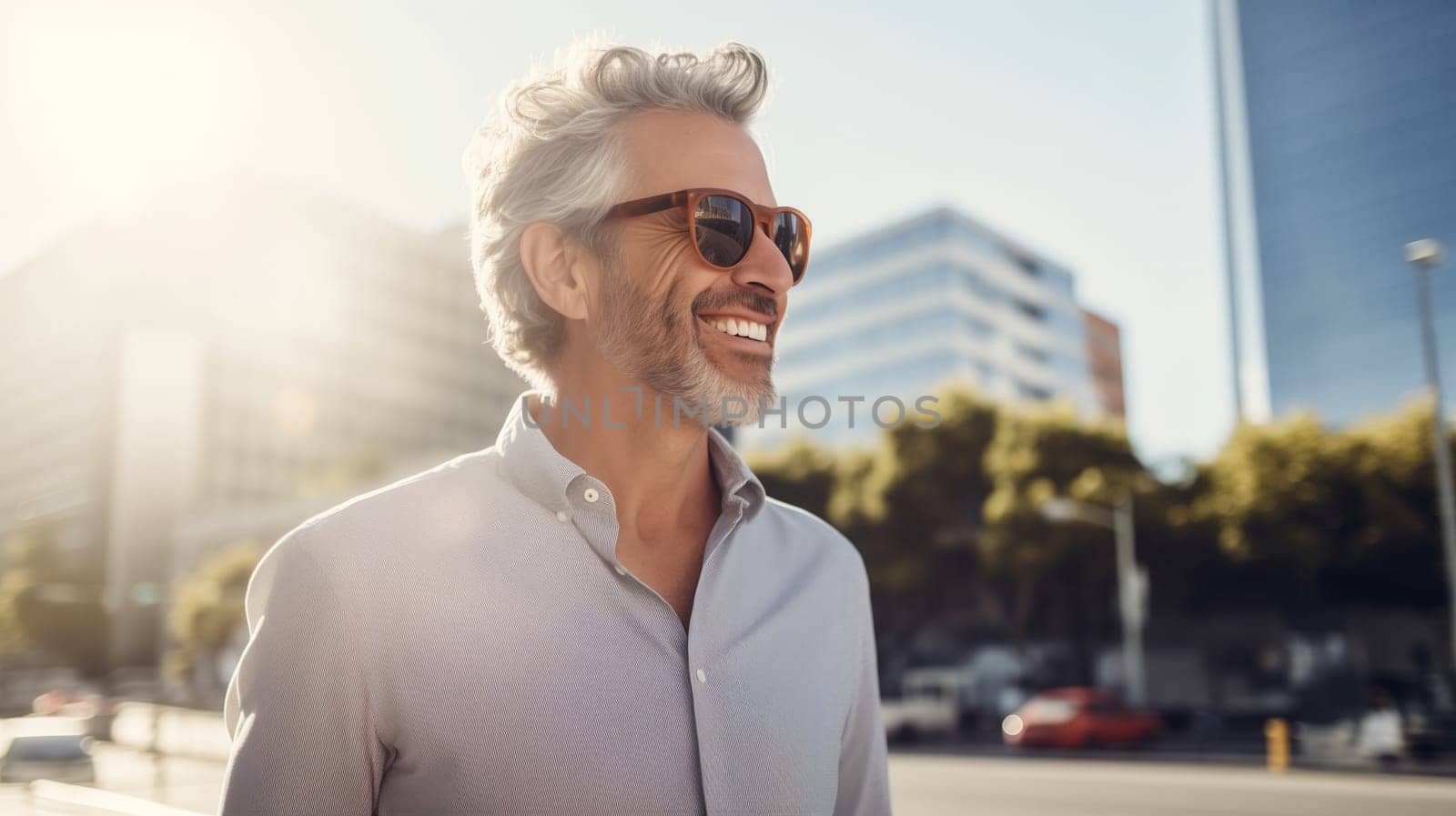 Confident happy smiling mature businessman standing in the city, man entrepreneur in white shirt with glasses and looking away