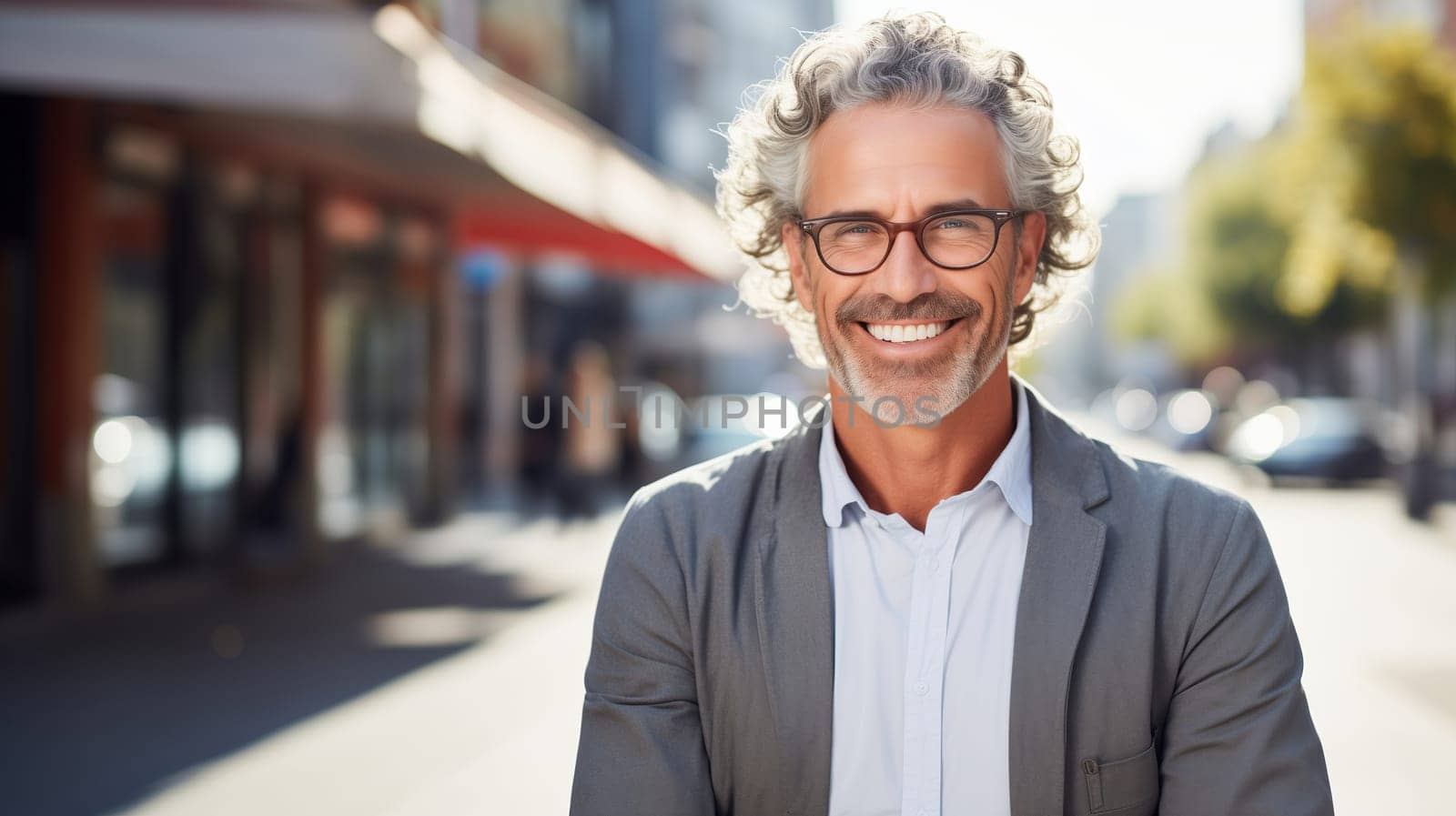 Confident happy smiling mature businessman standing in the city, man entrepreneur in business suit with glasses and looking at camera