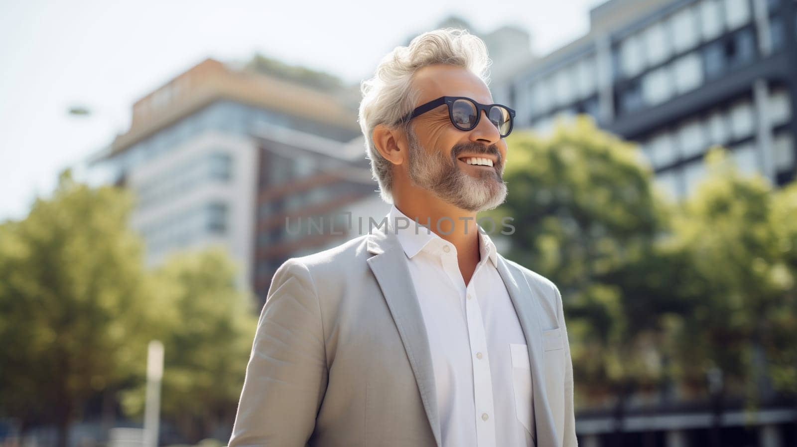 Confident happy smiling businessman standing in the city, man entrepreneur in business suit with glasses and looking away