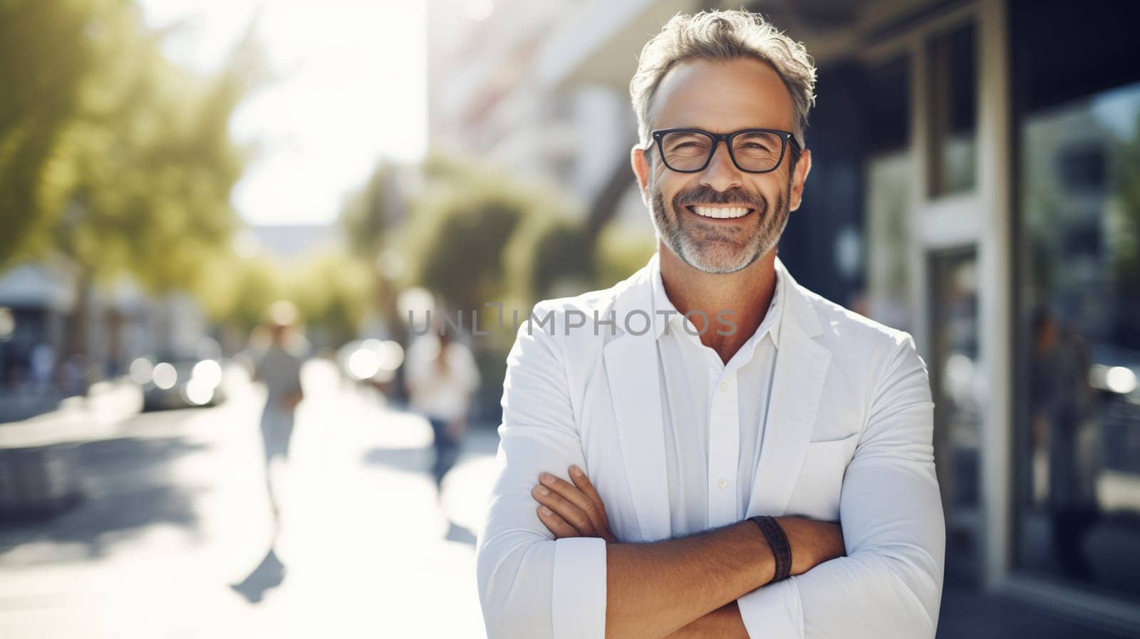 Confident happy smiling mature businessman standing in the city, man entrepreneur in business suit with glasses and looking at camera