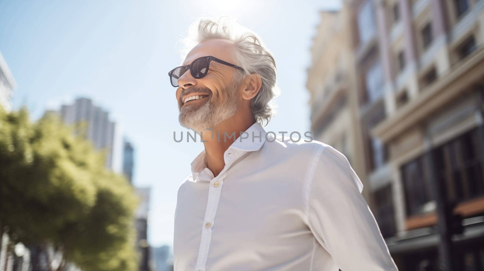 Confident happy smiling mature businessman standing in the city, man entrepreneur in white shirt with glasses and looking away