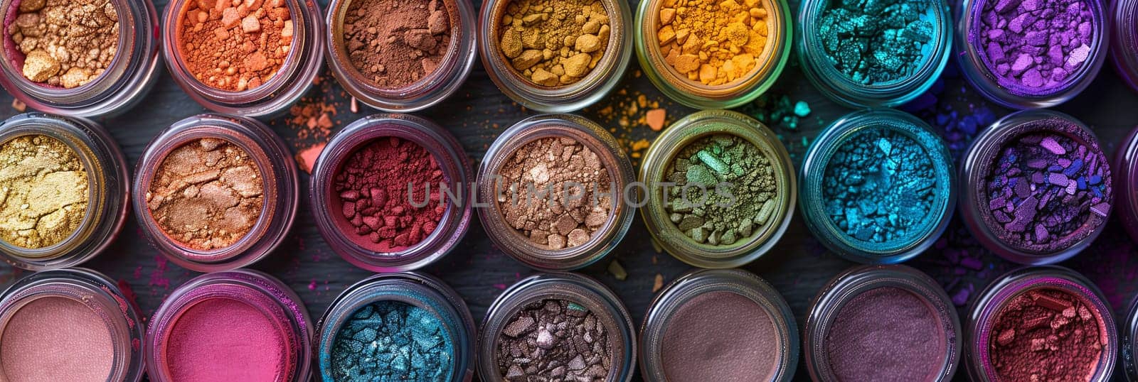 Close-up of assorted colorful makeup pigments and powders in small jars.