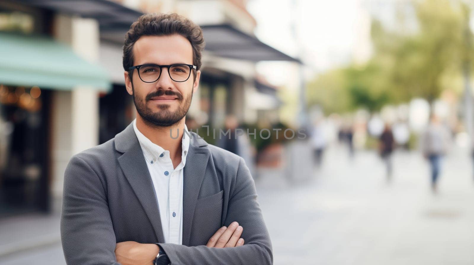 Portrait of confident businessman standing in the city, successful man entrepreneur with crossed arms in business suit with glasses looking at camera