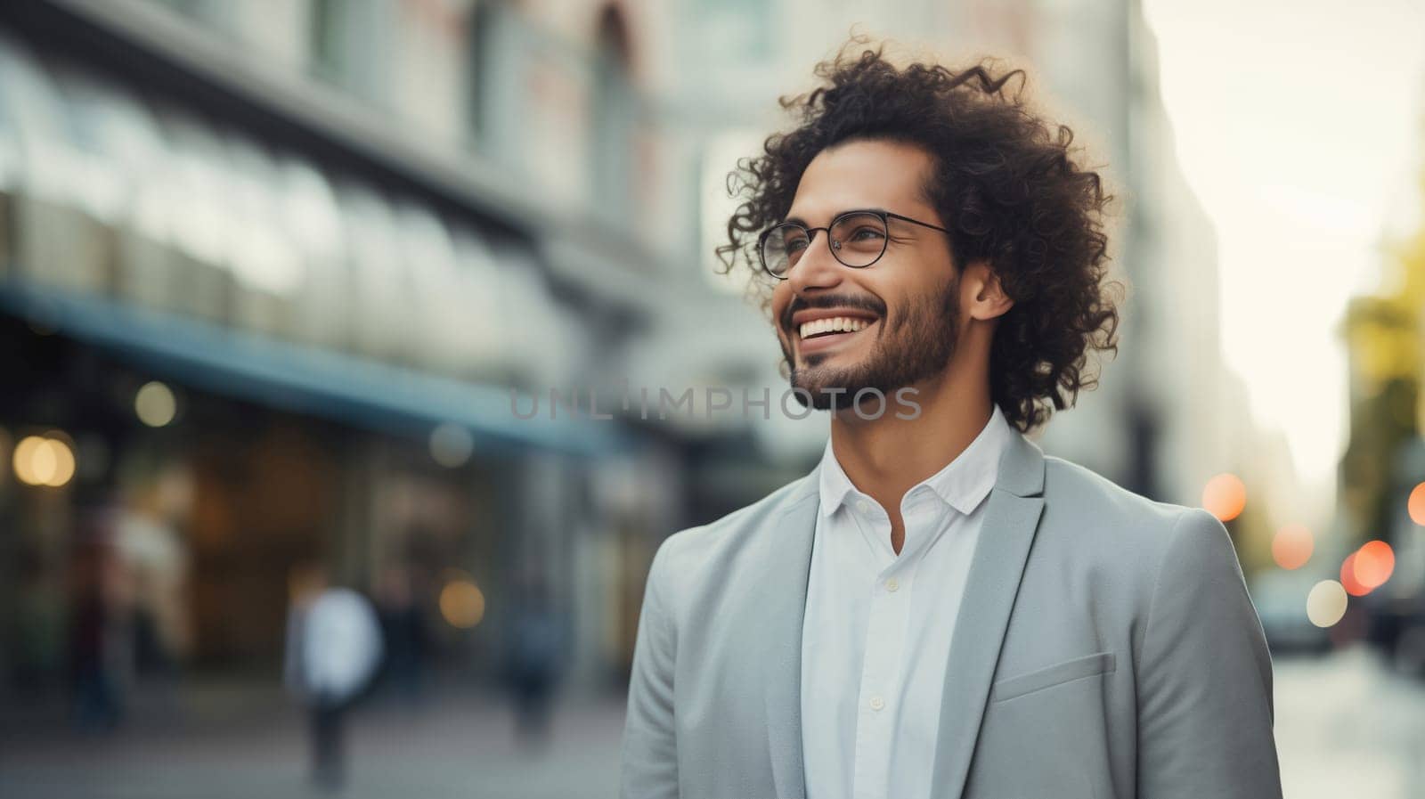 Confident happy smiling businessman standing in the city, man entrepreneur in business suit with glasses and looking away