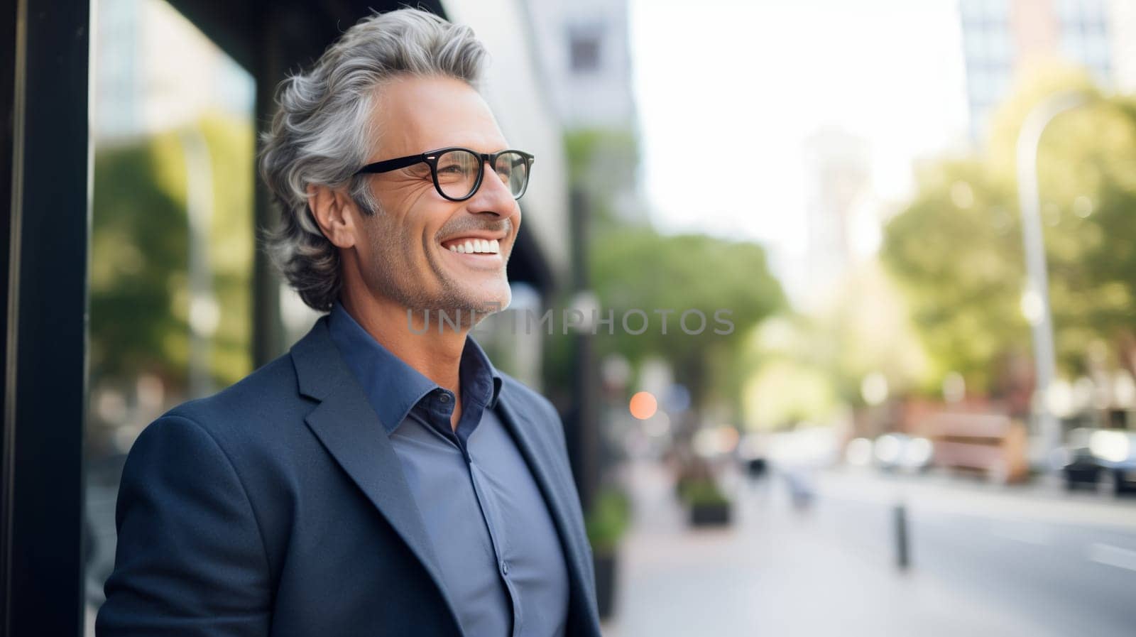 Confident happy smiling businessman standing in the city, man entrepreneur in business suit with glasses and looking away