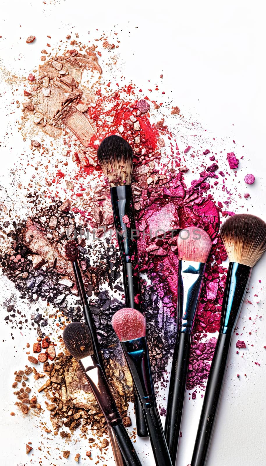 Colorful makeup brushes arranged with eyeshadow and blush on a white background. Generative AI by AnatoliiFoto