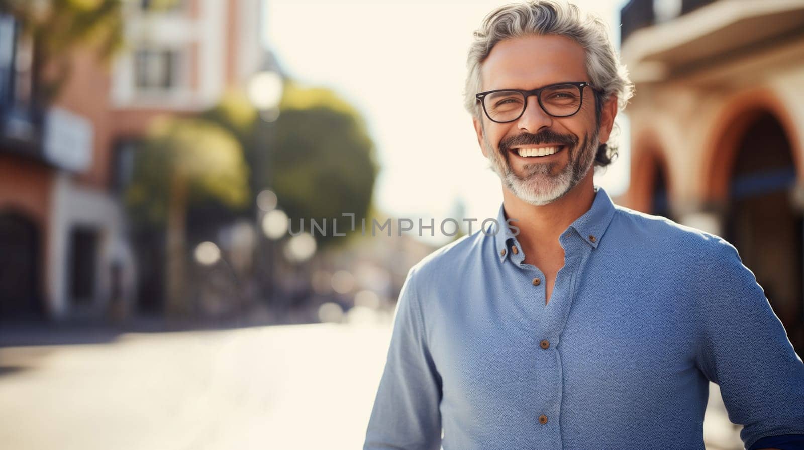 Confident happy smiling mature businessman standing in the city, man entrepreneur in shirt with glasses and looking at camera