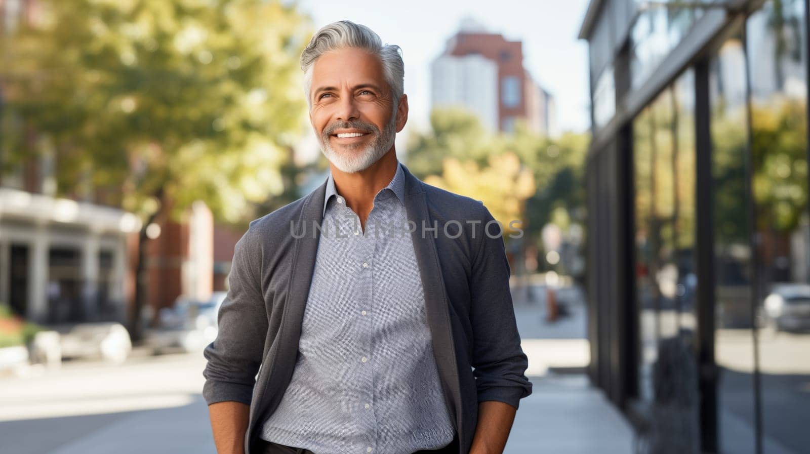 Confident happy smiling businessman standing in the city, man entrepreneur in business suit and looking away